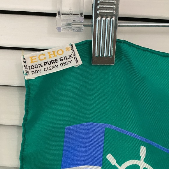 ECHO NAUTICAL 100% Silk Scarf. Green/White Stripes. Made in Japan. - Picture 5 of 6